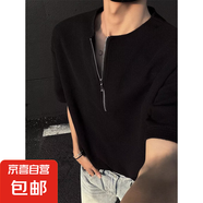 美式亨利領(lǐng)半拉鏈短袖T恤男夏季潮牌痞帥硬漢穿搭內(nèi)搭華夫格體恤 黑色 2XL