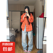 美式復(fù)古橙色格子長袖襯衫女寬松百搭休閑高街新款情侶襯衣外套潮 橘紅格子 S 建議75-95斤