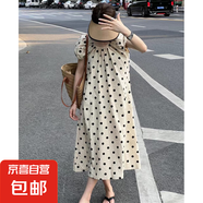 法式復古高端泡泡袖圓點連衣裙子女裝夏季2025新款氣質高級感長裙 杏色 【KK-Q863】 M