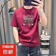 短袖t恤男2025新款精梳棉印花百搭半袖春夏潮牌男裝時尚潮流上衣 摩托【紅色】 L