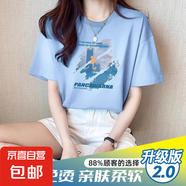 真維斯短袖t恤女2025年新款女士設計感小眾夏季白色純棉半袖體恤 大樓油畫(huà)D 淺藍 【升級版】 M