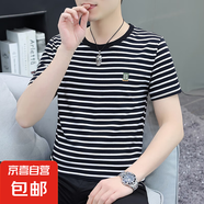 高品質純棉短袖t恤男夏裝半袖圓領條紋體恤潮流上衣男修身百搭WF G2231黑條紋 純棉T恤 XL 建議125-140斤