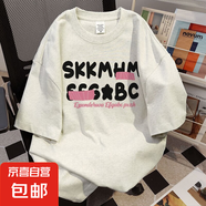 美式純棉設計感字母印花短袖t恤女夏季2024新款寬松半袖上衣ins潮 白灰色【260g重磅純棉】 L