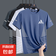 夏季冰絲t恤男圓領(lǐng)速干衣短袖薄款透氣半袖大碼上衣運動(dòng)寬松潮-SL 金字塔藍色【T恤】 L  建議100-115斤