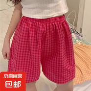遛彎神褲格子短褲睡褲女夏薄款居家懶人褲直筒休閑闊腿褲外穿居家 紅色格子 XL
