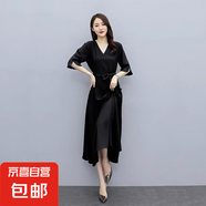 2025夏裝新款氣質(zhì)純色V領(lǐng)連衣裙女夏寬松顯瘦高端法式赫本長裙子 黑色 SBY21B03211 L 116-125斤