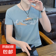 純棉短袖t恤男2025夏季新款圓領(lǐng)潮流半袖上衣百搭印花T恤打底衫WF QY664湖藍(lán) 純棉T恤 XL 建議120-135斤