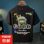 夏季潮牌后背卡通涂鴉字母短袖純棉T恤男寬松圓領(lǐng)體衫上衣半袖MB J755黑色 L