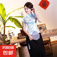 復(fù)古改良旗袍上衣女裝夏季中國(guó)風(fēng)中式日常短袖立領(lǐng)上衣演出服J02 天藍(lán)梅花 3XL （125-135斤）