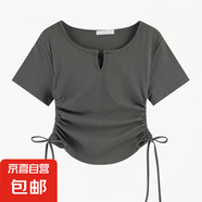 設(shè)計感V領(lǐng)抽繩修身純欲短袖T恤女裝2025夏季新款純色上衣潮 深灰色 L
