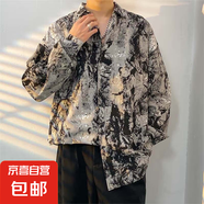 港風vintage花襯衫男女復古夏威夷痞帥寬松情侶長袖襯衣潮牌外套 2317 深灰 XL