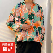 港風(fēng)vintage花襯衫男女復(fù)古夏威夷痞帥寬松情侶長袖襯衣潮牌外套 粉紅色 2320 L