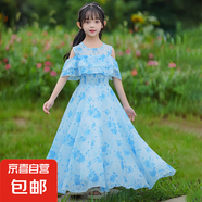 【女童2025夏季公主裙】?jī)和榛ㄈ棺有∨⒀┘忂B衣裙百褶裙 086水墨藍(lán)碎花裙 150