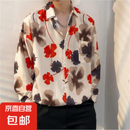 港風(fēng)vintage花襯衫男女復(fù)古夏威夷痞帥寬松情侶長(zhǎng)袖襯衣潮牌外套 酒紅色 2333紅色 XL