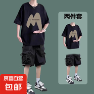 短袖t恤男夏季寬松薄款t恤男學生衣服搭配工裝短褲一套休閑套裝男 T375短袖黑色+K18短褲黑色 5XL 【建議180-200斤】