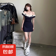 法式蕾絲小飛袖連衣裙子女夏季2025年新款辣妹收腰設計感包臀短裙 藏藍色 S 40/45kg/