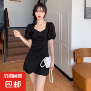 收腰不規(guī)則褶皺短袖連衣裙法式方領(lǐng)泡泡袖連衣裙8044 黑色 L 【110-120斤】