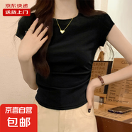 夏季正肩短袖T恤女純色棉質(zhì)修身褶皺顯瘦不規(guī)則短款小個子RL#K005 K005#黑【圓領(lǐng)】【褶皺收腰】 M