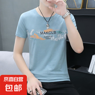 2025夏季新款短袖t恤男潮流半袖體恤男上衣修身純棉圓領(lǐng)T恤印花WF Q664湖藍(lán) 純棉T恤 M 建議90-100斤
