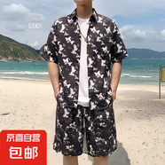 夏威夷襯衫短褲男套裝港風(fēng)夏季薄款海邊度假沙灘短袖花襯衣兩件套 3646黑（套裝） 2XL