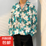 港風(fēng)vintage花襯衫男女復(fù)古夏威夷痞帥寬松情侶長袖襯衣潮牌外套 天藍(lán)色 2324 XL