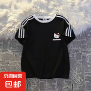 女童純棉短袖t恤夏季新款卡通童裝寬松洋氣中大童三條桿半袖上衣 黑色-KT粉蝴蝶結(jié)貓 150