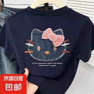 Hello Kitty童裝女童白色短袖T恤夏季兒童卡通印花上衣百搭體恤 藏青色 藏青色 170 cm