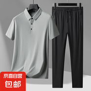 男士夏季時(shí)尚休閑無(wú)痕彈力翻領(lǐng)TOLO半袖T恤散口長(cháng)褲冰絲套裝 GF20617/8068中灰色【套裝】 4XL 【190-200】