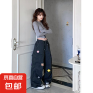 復古多口袋直筒工裝褲原版水洗純棉全刺繡腰頭松緊內(nèi)包邊牛仔褲潮 黑色-錦鯉B3011 2XL