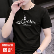 2025夏季男士短袖t恤圓領(lǐng)半袖上衣潮流百搭修身休閑印花打底衫SN 短T拼款中間山脈圓短T黑色 3XL