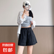 錦綸冰絲運(yùn)動(dòng)短褲女夏季2025新款高腰顯瘦休閑外穿寬松闊腿熱褲女 黑色-有口袋【錦綸冰絲 】 L 【105-120斤】