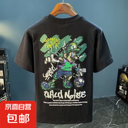 夏季潮牌后背卡通涂鴉字母短袖純棉T恤男寬松圓領(lǐng)體衫上衣半袖MB J571黑色 3XL