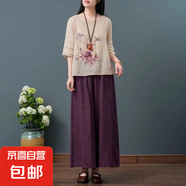 夏季時(shí)尚棉麻民族風(fēng)刺繡上衣套裝寬松套頭復(fù)古文藝休閑短袖套裝 麻色上衣+紫色闊腿褲 H302 3XL -建議145-165斤