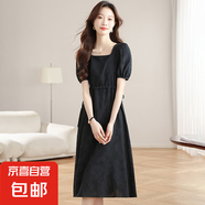 法式方領(lǐng)泡泡袖連衣裙女夏季綁帶收腰顯瘦氣質(zhì)黑色中長(zhǎng)裙J8312 黑色 2XL （130-140斤）