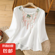 文藝復古雙層苧麻刺繡襯衫女夏季新款媽媽寬松優(yōu)雅氣質七分袖上衣 M-339白色 M 建議85-105斤