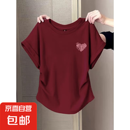 收腰顯瘦小飛袖t恤女士2025夏季新款打底衫短袖圓領(lǐng)弧形下擺上衣 酒紅色-線心 M 建議80-100斤