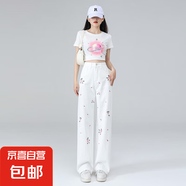 洋氣時(shí)尚花朵直筒牛仔褲女潮ins顯瘦百搭夏季胖mm腰寬松闊腿褲 白色紫花2330 薄款 長(cháng)褲 XL