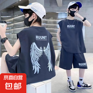 兒童背心短褲兩件套男童套裝衣服套裝男童無袖運動中大童2025夏裝 深灰色 160