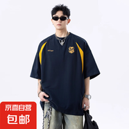 美式短袖t恤男士2025夏季新款撞色拼接寬松百搭圓領(lǐng)五分袖體恤XH 藏青色 2XL