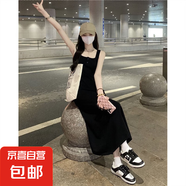 純欲風針織吊帶連衣裙女夏黑色打底裙子高級感修身a字包臀裙長裙 黑色 均碼