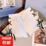 高腰牛仔短褲女寬松夏季韓版大碼胖mm薄款顯瘦a字闊腿綁帶熱褲 白色 5XL