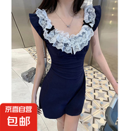 法式性感小飛袖連衣裙女夏季2025新款甜辣妹收腰純欲辣妹包臀短裙 藏藍(lán)色 【KK-R1149】 S
