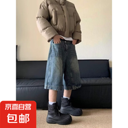 美式感牛仔褲男復古褲子歐美伐木闊腿短褲七分褲情侶 藍色 常規 原版高品質(zhì) XL 建議125-140斤