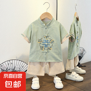 兒童裝漢服2025新款唐裝夏季寶寶男童夏款古裝男孩中國風(fēng)古裝套裝 五福套裝豆綠色 110