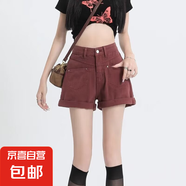 酒紅色牛仔短褲女夏甜辣美式韓版大碼胖mm高腰顯瘦遮肉休閑熱褲 紅色 M