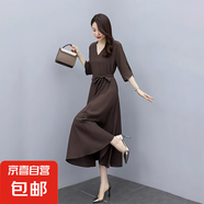 2025夏裝新款氣質(zhì)純色V領(lǐng)連衣裙女夏寬松顯瘦高端法式赫本長裙子 咖色 SBY21B03211 2XL 136-155斤