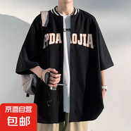 2025新款日常美式復(fù)古棒球領(lǐng)短袖襯衫男春季潮牌襯衣寬松外套上衣 ZWS-L55【黑色】 XL