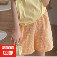 遛彎神褲格子短褲睡褲女夏薄款居家懶人褲直筒休閑闊腿褲外穿居家 橘色格子 XL