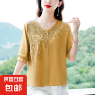 夏裝新款寬松大碼中年媽媽裝棉麻繡花上衣女士顯瘦寬松氣質(zhì)小衫 M-304黃色 花邊+繡花 3XL 【建議145-160斤】