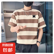 短袖t恤男士2025夏季新款潮流條紋圓領(lǐng)半袖寬松休閑百搭打底衫DM 0663服飾D252咖啡條 M